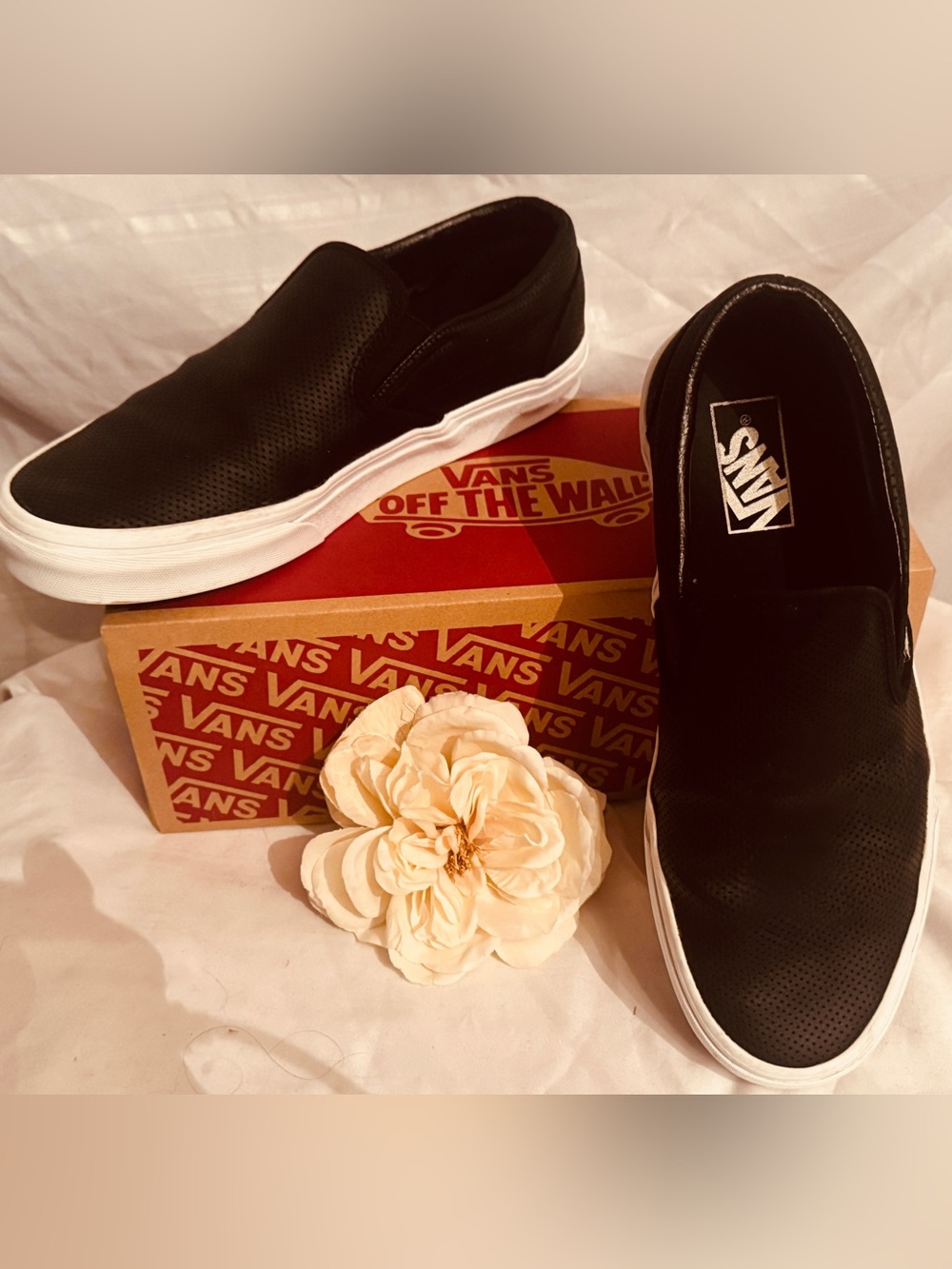 Vans Black Perforated Leather Slip-On Sneakers, Women’s 9